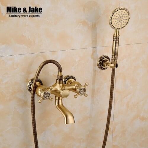 Free shipping Bathroom Bath shower mixer Wall Mounted Carving Hand Held Antique Brass Shower Head Kit Shower Faucet Sets