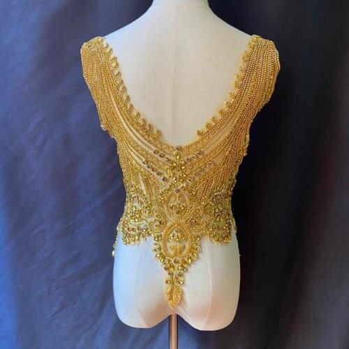 1 Piece Gold Large Vintage Gold Crystal Applique, Crystal Bodice Applique