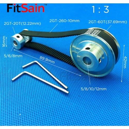 FitSain-2GT 20T:60T 1:3 Width 10mm aluminum alloy pulley reduction ratio synchronous wheel center hole 5-6-8-10-12mm