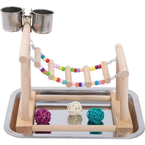 Birds Play Stand with Food Dishes Wood Playground Ladders Parrots Play Gym Training PerchTable for Small Parrot Parakeet Conure