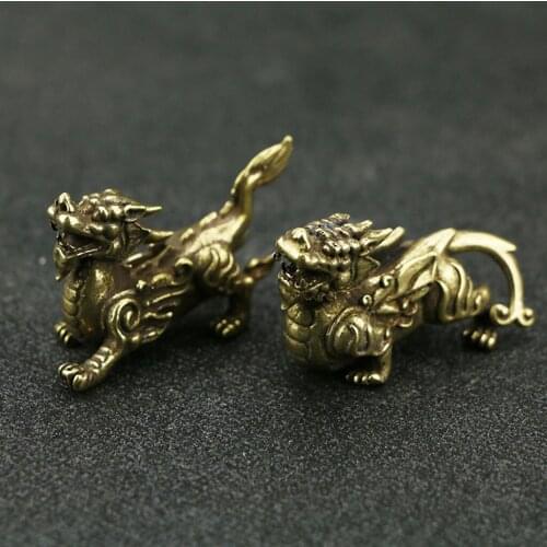 2pcs Chinese Copper Statue Lucky Kylin Figurines Miniatures Desk Ornaments Feng Shui Decor Fortune Wealth Lucky Gifts Collection