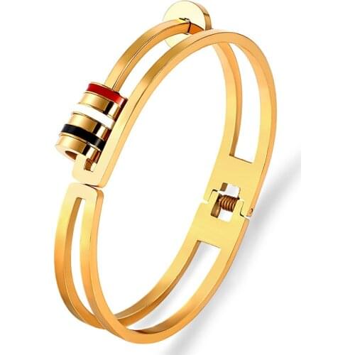 Summer Removable Round Circles Bangle Cuff Bracelets for Women Gold Color Stainless Steel Black White Red Enamel Bangles Jewelry