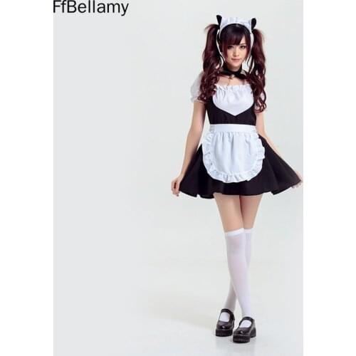 Cute Anime Cat Bell Maid Dress Claasic Cosplay Costume Girls Kawaii Lolita Dress Coffee Maidservant Black White Uniform