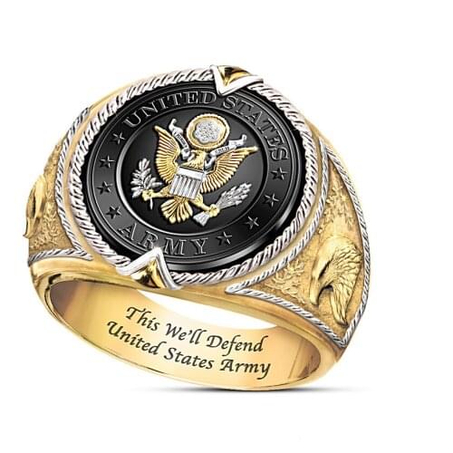 MIQIAO Gold Plated English Letter US Army Eagle Federal This we'll defend Vintage Rings for Men Women Couple Friend Gift Jewelry