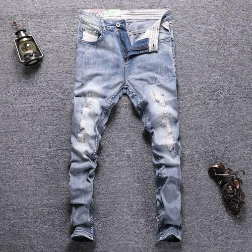 Street Style Fashion Men Jeans Retro Light Blue Elastic Slim Fit Ripped Jeans Men Embroidery Patch Designer Hip Hop Denim Pants