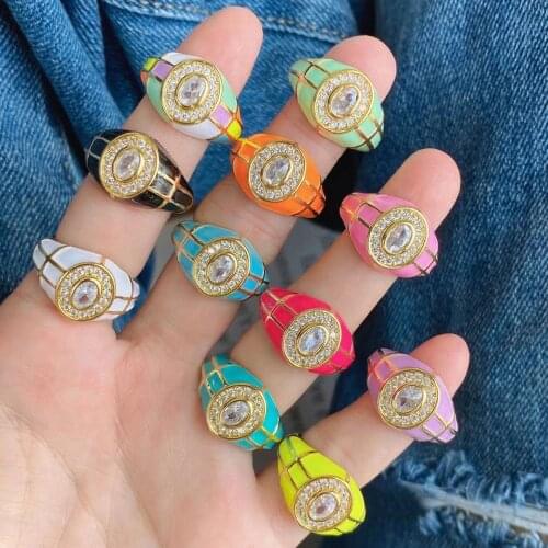 5Pcs Trendy neon color enamel crystal zircon rings for girl copper enamel plated finger jewelry ring for summer jewelry gift