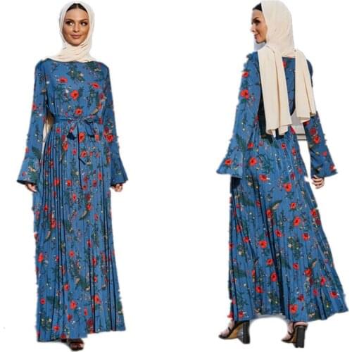 Muslim Fashion Dubai Abaya Women Floral Printed Dress Pleated Skirt Loose Casual Large Swing Dress Modest Islamic Clothing