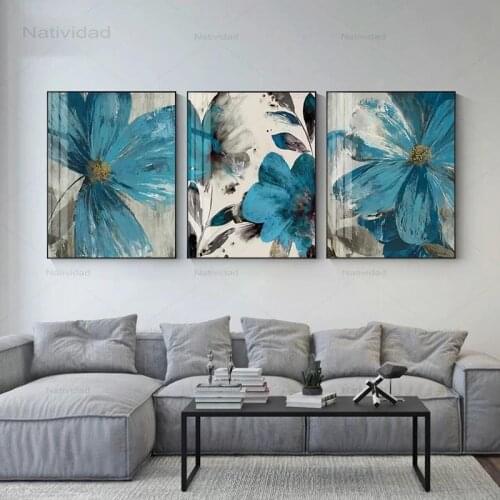 Wall Art Picture Vintage Blue Paint Flowers Canvas Painting Abstract Poster Blooming Life Botanical Print Decor for Art Porch