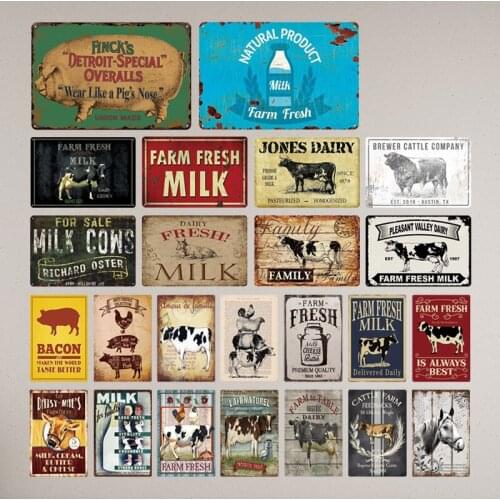 Farm Metal Tin Sign Animal Milk Vintage Metal Plaque Retro Chic Poster Decoration Farmhouse Wall Horse Cow Ring Wall Sticker