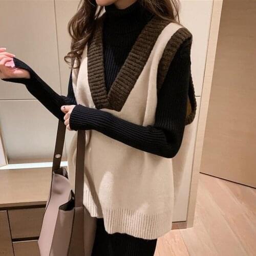 Autumn and winter clothing fashion temperament new retro color matching V-neck pullover vest women loose sleeveless top