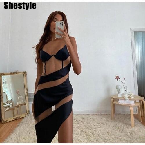 Shestyle Asymmestical See Through Striped V Neck Wrap Mesh Backless Spaghetti Strap Dress Women Panelled Patchwork Sexy Dresses
