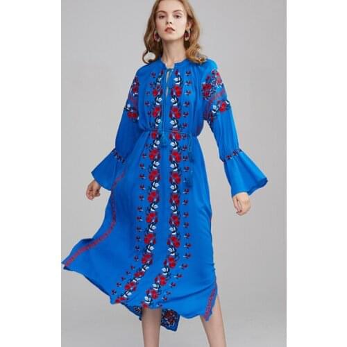 TEELYNN Blue Cotton Floral Embroidery Long Dress Women Vintage Long Sleeve Tassel Elastic Waist Boho Dresses Autumn Ethnic Robe