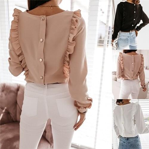 2021 Women Shirt Spring New Solid Color Round Neck Long Sleeve Button Ruffle Blouse Tops S-XL White/Black/Pink
