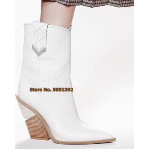 Pointed Toe Wedge Women Square Heel Short Boots Chunk Heel Patent Leather Mid-Calf Wooden Heel Sexy Fashion Booties