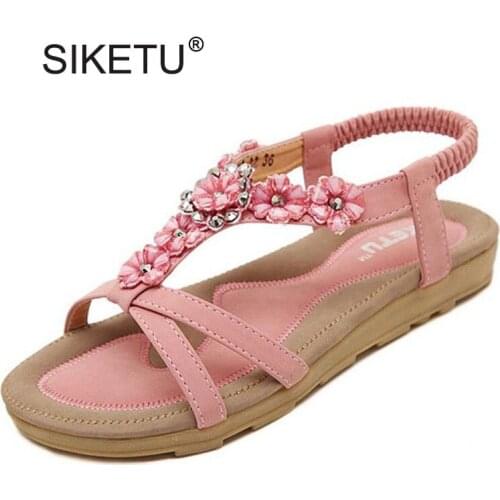 New 2019 Summer Flat Sandals Women Flowers Elastic Band Shoes Open Toe T-strap Fashion Indoor Casual Shoes Bohemia Style 35-41