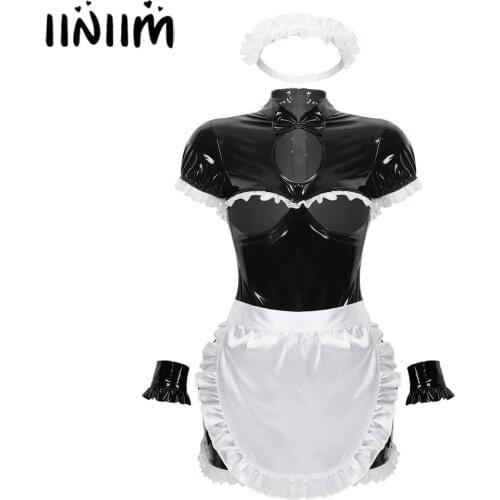 NEW Womens Maid Dress Cosplay Costumes Bowknot Open Bra Bodycon Mini Dress with Apron Wrist Cuffs Sissy Cocktail Party Clubwear