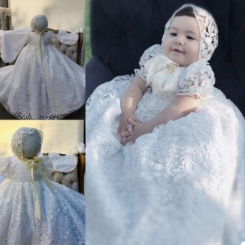 2021 Cute Baby Christening Gowns For Little Girls Lace Flowers Appliqued Pearls Baptism Dresses With Bonnet First Communication