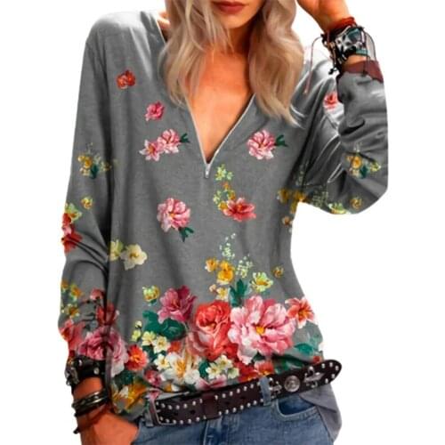 2021 Women Casual Print V Neck Blouses Shirts Spring Loose Zipper Pullover Tops Elegant Female Long Sleeve Shirt Plus Size