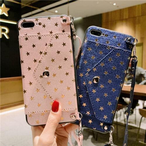Glitter Star Wallet Card Case For Huawei P20 P30 P40 Lite Mate 20 30 40 Pro Nova 3i 3 4 5 6 5G Y5 Y9 Prime 2019 Lanyard Cover