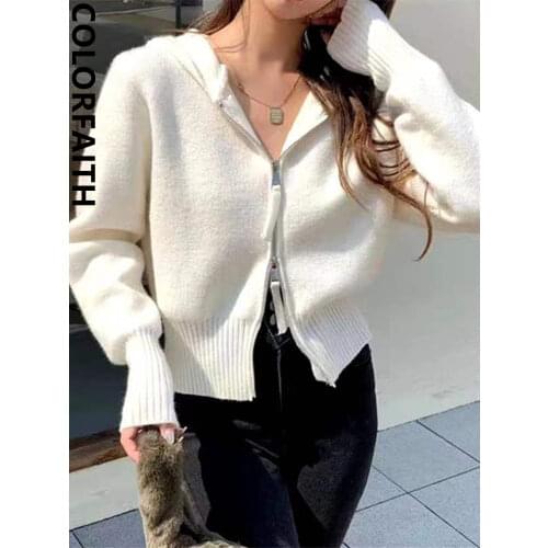 Colorfaith New 2021 Winter Spring Womens Sweaters Short Cardigans Zipper Hooded Thicken Knitted Wild Korean Lady Top SWC1237JX