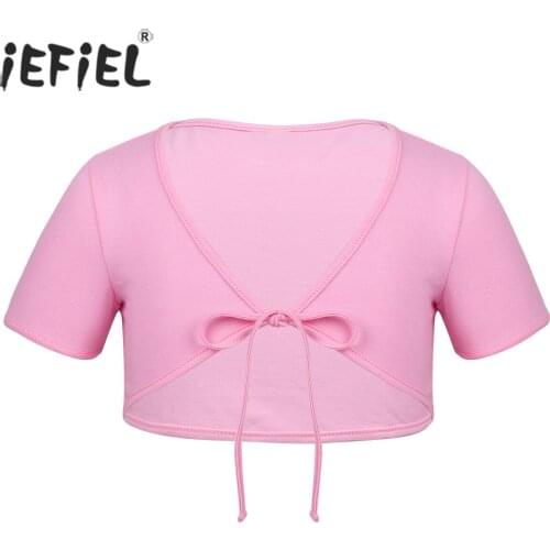 Kids Girls Ballet Tutu Dancing Tops Outfit Cloth Short Sleeves Solid Cotton Self-tie Up Front Bolero Top Cropped Shrug Cardigan
