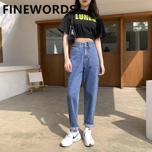 FINEWORDS Vintage 2021 Boyfriend Mom Jean High Waist 2 Button Big Pocket Harem Jeans Women Korean Streetwear Loose Denim Pants
