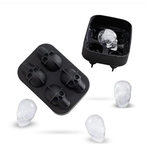 3D Skull Flexible Silicone Ice Cube Mold Tray Makes Four Giant Skulls Round Ice Cube Maker Black