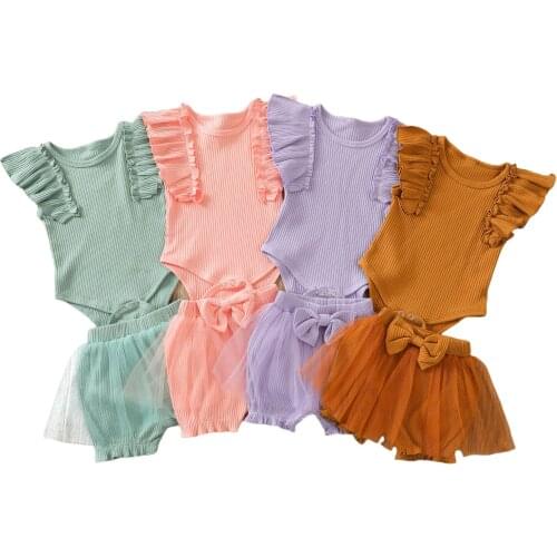 New Baby Girls Two-piece Clothes Set, Solid Color Round Collar Sleeveless Romper and Shorts