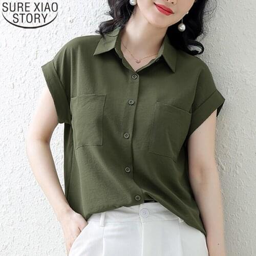 Fashion Office Lady Shirts Women Short Sleeve Summer Shirt Tops Solid Pockets 2021 New Button Up Plus Size Loose Shirts 14247