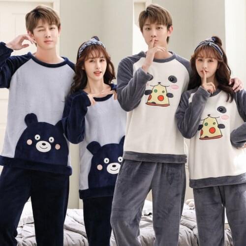 Couple Thick Warm Flannel Long Sleeve Pajama Sets for Men 2021 Winter Cute Cartoon Coral Velvet Sleepwear Women Homewear Clothes