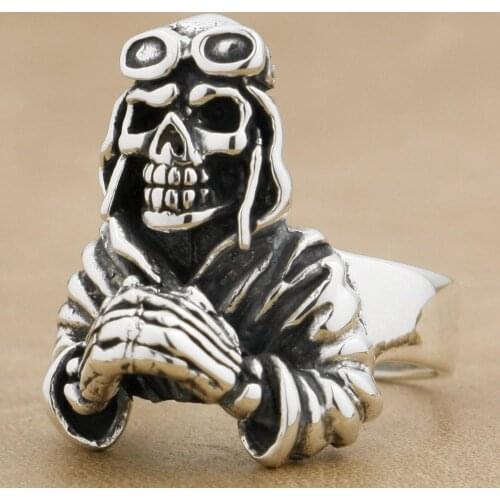 Pilot Skull Ring 925 Sterling Silver Mens Biker Ring 8V011 Mens Jeweller
