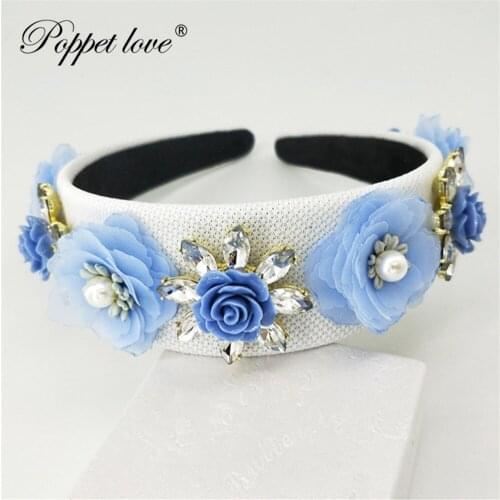 Light Blue flower white Headband For Girls Rhinestone Crown Hairbands High Quality Women & Girls Hair Accessories Party Handmade