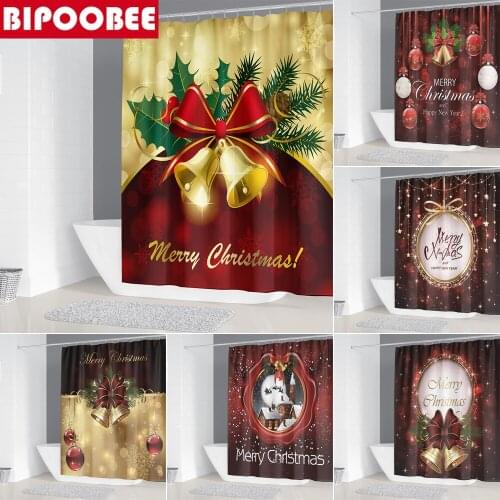 Merry Christmas Bathroom Curtains with Hooks Festival Decoration Golden Bell Shower Curtain Waterproof Fabric Bathtub Screen