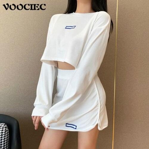 VOOCIEC Sweet girl sports skirt cover Long sleeve top Simple fashion arrow logo Solid color casual loose sports suit