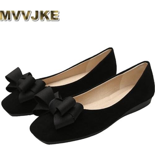 MVVJKE Flats Women Fashion Butterfly-Knot Square Toe Party Leather Ballerinas Plus Size 33 - 43 Shallow Ladies Flats