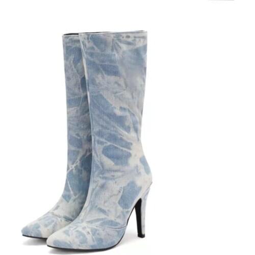 Womens Denim Jeans Star Sequins Ankle Boots Block High Heel Side Zipper Shoes Round Toe Blue Plus Size 34-43