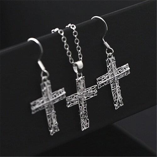 Korean 925 sterling silver earrings necklace new cross earrings pendant set for women