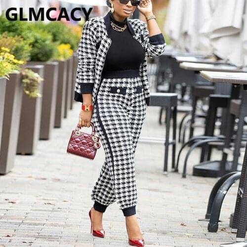 Women Houndstooth Two Piece Suits Elegant OL Workwear Jacket & Slim Pants Set