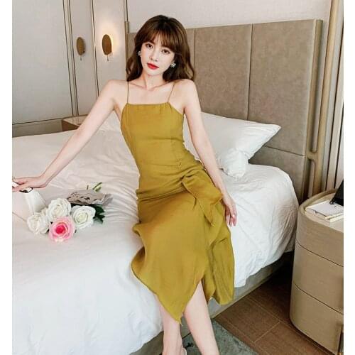 Dresses for Women 2021 Retro Suspender Dress Ruffled Irregular Knee-length Dress Ginger Yellow Sling Slim Woman Dress Vestidos