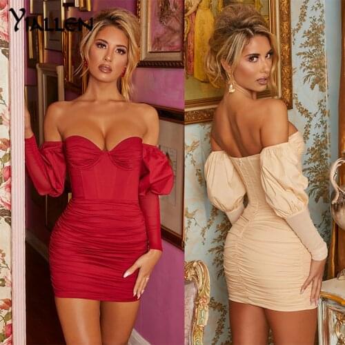 Yiallen Summer New Sexy Vintage Ruffle Club Outfits Dress Women Off Shoulder Backless Wrap Woman Dress Bodycon Party Dresses