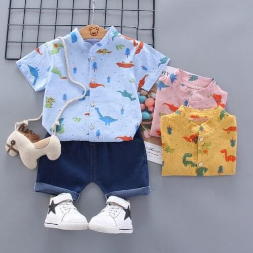 2020 Summer Baby Boys Cartoon Short-sleeved Shirt Denim Shorts 2pcs Clothing Set Toddler Child Gentleman Dinosaur Clothes Set
