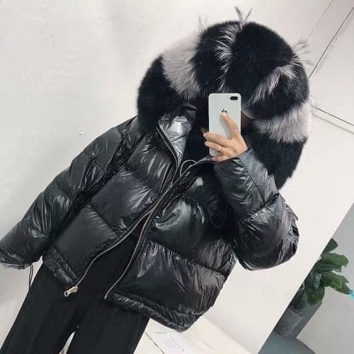 2020 Winter Fox Fur Collar White Duck Down Coat Padded Down Jacket Regular Shiny Fashion Warm Large Fur Collar Womens Coats