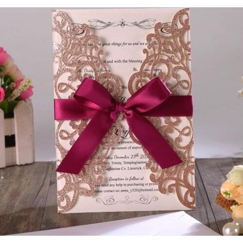 50pcs Rose Gold Glitter Laser Cut Wedding Invitation Cards with Burgundy Ribbon and Envelopes for Bridal Shower Engagement Party