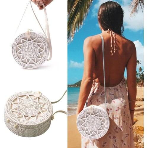 White Woven Rattan Bag Round Straw Shoulder Bag Small Beach HandBags Women Summer Hollow Handmade Messenger Crossbody Bags 2020