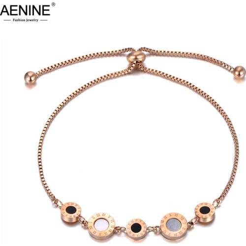 AENINE Titanium Steel Black/White Acrylic Shell Chain & Link Bracelets For Women Adjustable Size Roman Numerals Bracelet AB20019