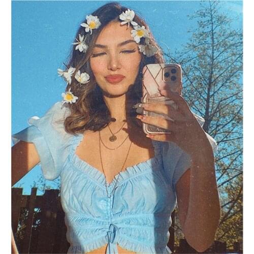 Kayotuas Women Blouse Summer Lady Off-the-Shoulder Ruched Shirt V-Neck Blue Bandage Pleated Stylish Beach Party Hot Streetwear