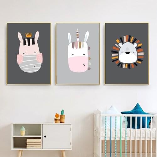 Cute Baby Animal Elephant Zebra Lion Wall Art Print Canvas Painting Nordic Poster Decor Pictures Nursery kids Room