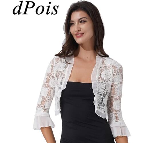 Womens Half Sleeve Bolero Elegant Ruffle Open Front Floral Lace Shrug Bolero Shawl Cardigan for Wedding Party Evening Dresses