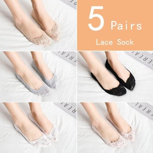 5 Pairs Lace Invisible High-heeled shoes socks non-slip Summer for Women ladies Cotton Solid Color Short Ankle Thin Boat Fruits