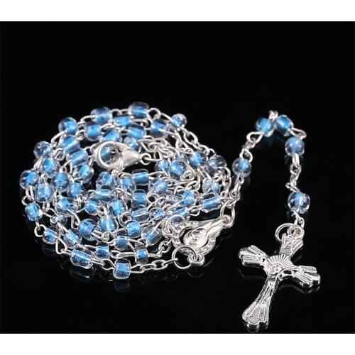 Color stainless steel rosary 4mm glass crystal not rosary beads cross necklace, prayer necklace jewelry Jesus Christ cross neckl